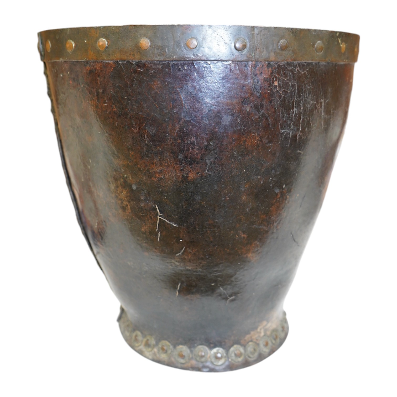 A Georgian mounted leather fire bucket (waste paper bin), 27cm high. Condition - fair